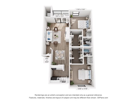 A floor plan of a small apartment with a kitchen, living room, and two bedrooms.